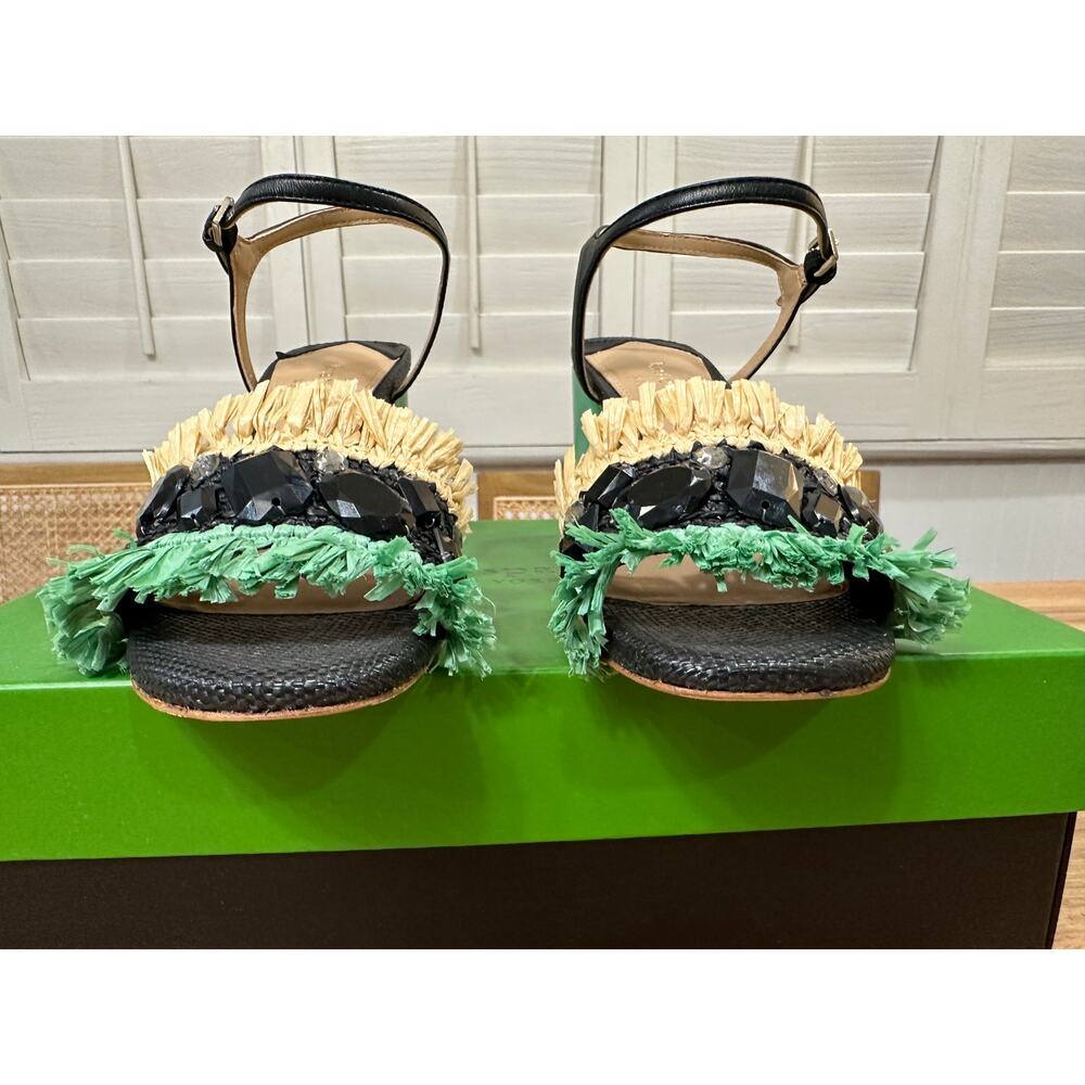 Kate Spade Bora Bora Heel Black Natural Mint Crochet Raffia Size 5 NIB Vacation - Picture 8 of 16
